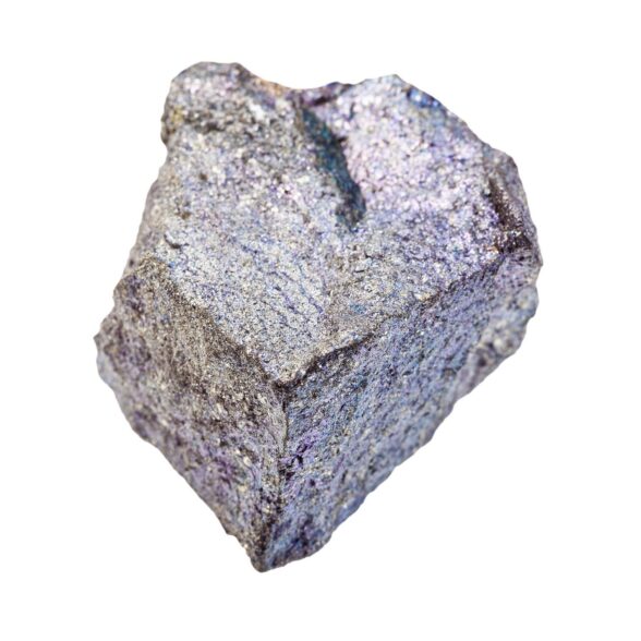 closeup of sample of natural mineral from geological collection - raw Bornite (peacock copper) rock isolated on white background