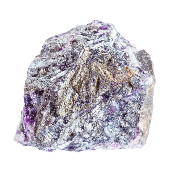 closeup of sample of natural mineral from geological collection - raw Stibnite (Antimonite) ore with Amethyst quartz isolated on white background