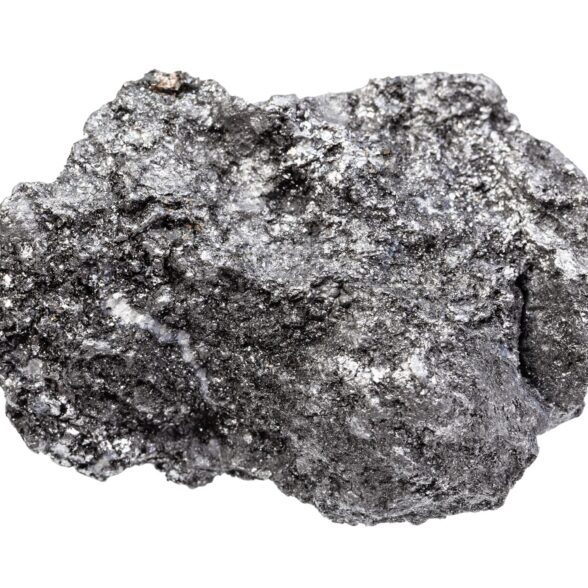 closeup of sample of natural mineral from geological collection - rough Graphite rock isolated on white background